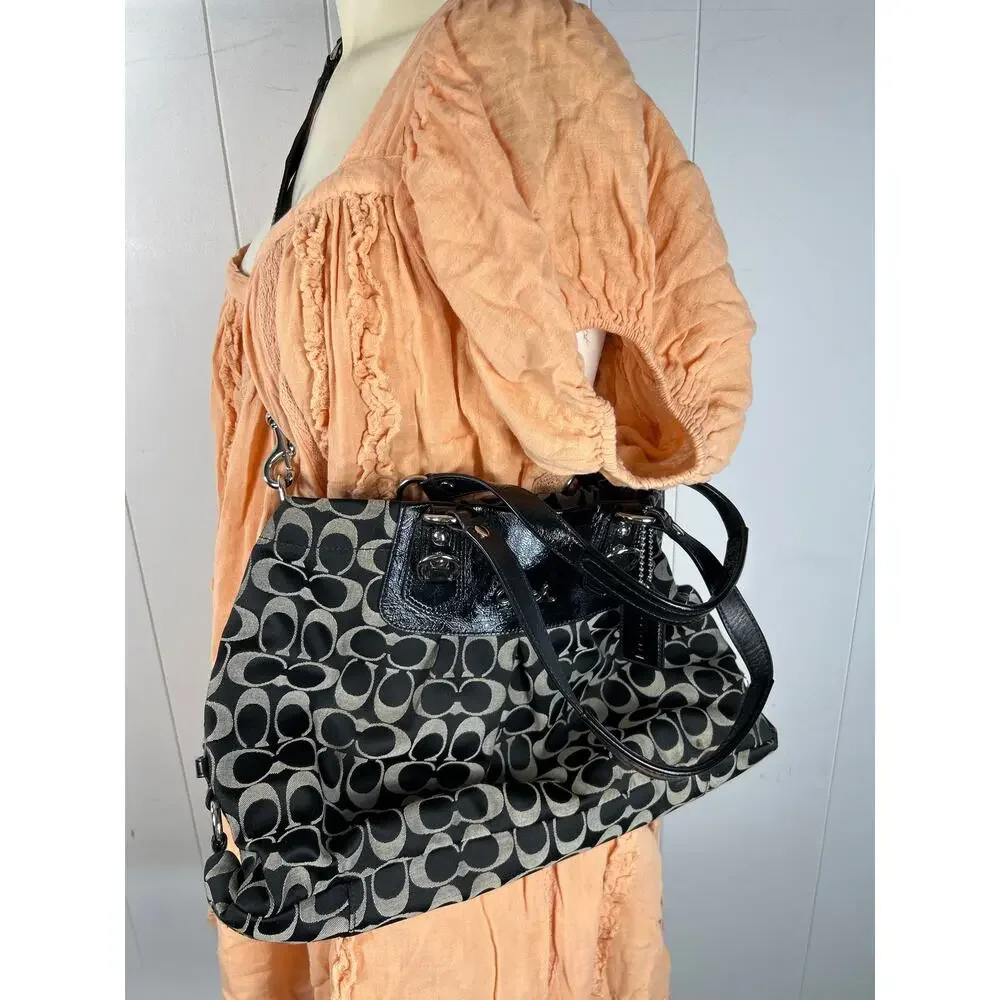 Coach Ashley Signature Canvas Handbag in Black and Gray.